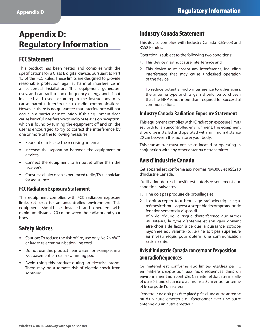 Linksys WAG54GS manual FCC Statement, Safety Notices, Industry Canada Statement, Avis d’Industrie Canada 