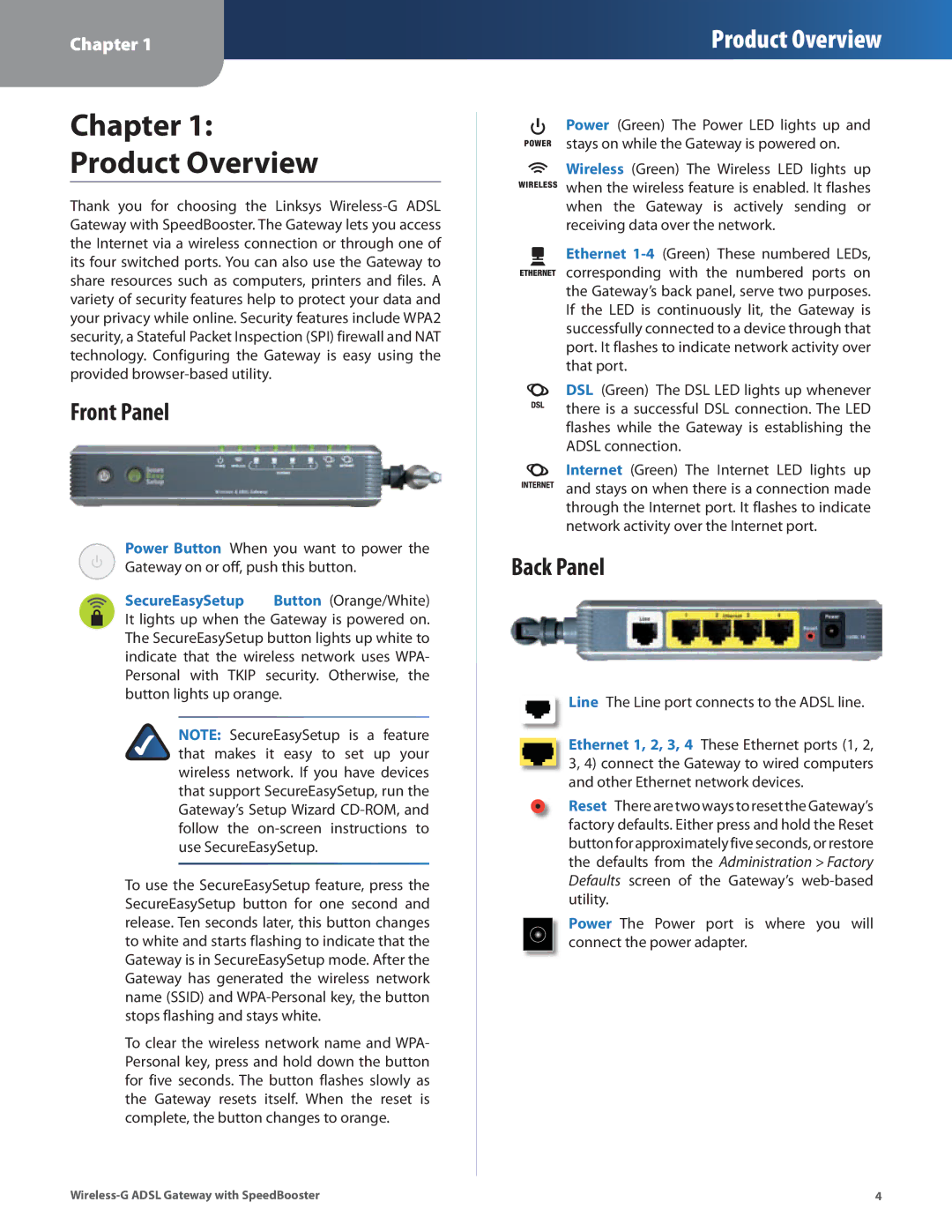 Linksys WAG54GS manual Chapter Product Overview, Front Panel, Back Panel 