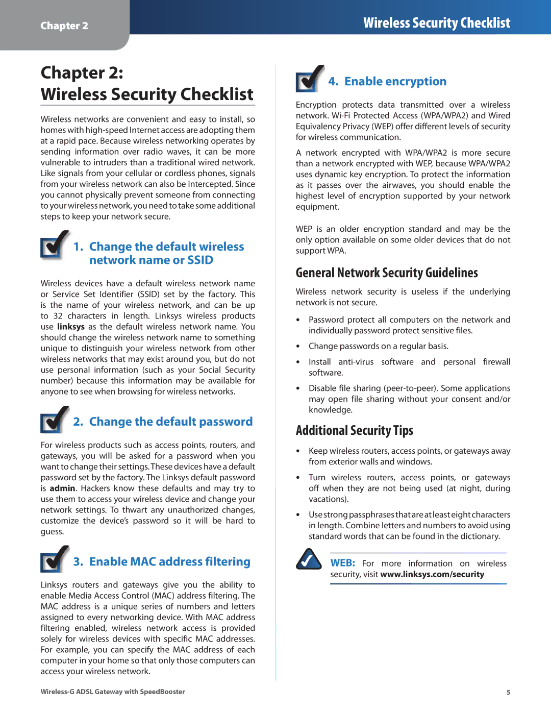 Linksys WAG54GS manual Chapter Wireless Security Checklist, General Network Security Guidelines, Additional Security Tips 