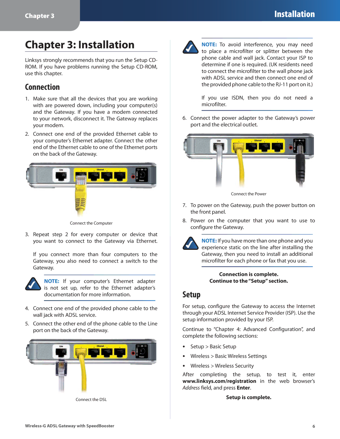 Linksys WAG54GS manual Installation, Connection, Setup 