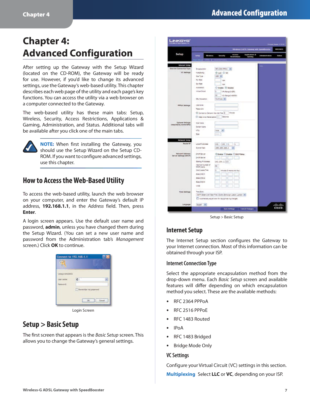 Linksys WAG54GS Chapter Advanced Configuration, How to Access the Web-Based Utility, Setup Basic Setup, Internet Setup 