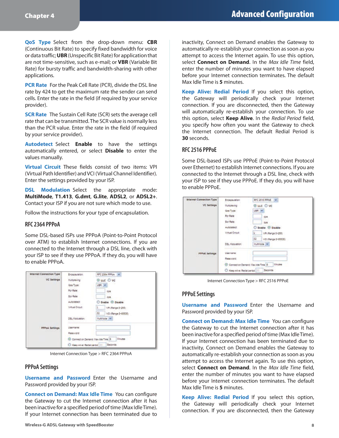 Linksys WAG54GS manual RFC 2364 PPPoA, PPPoA Settings, RFC 2516 PPPoE, PPPoE Settings 