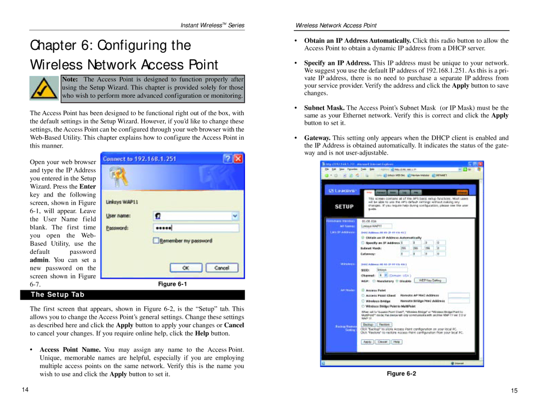 Linksys WAP11 v2.2 manual Configuring the Wireless Network Access Point, Setup Tab 