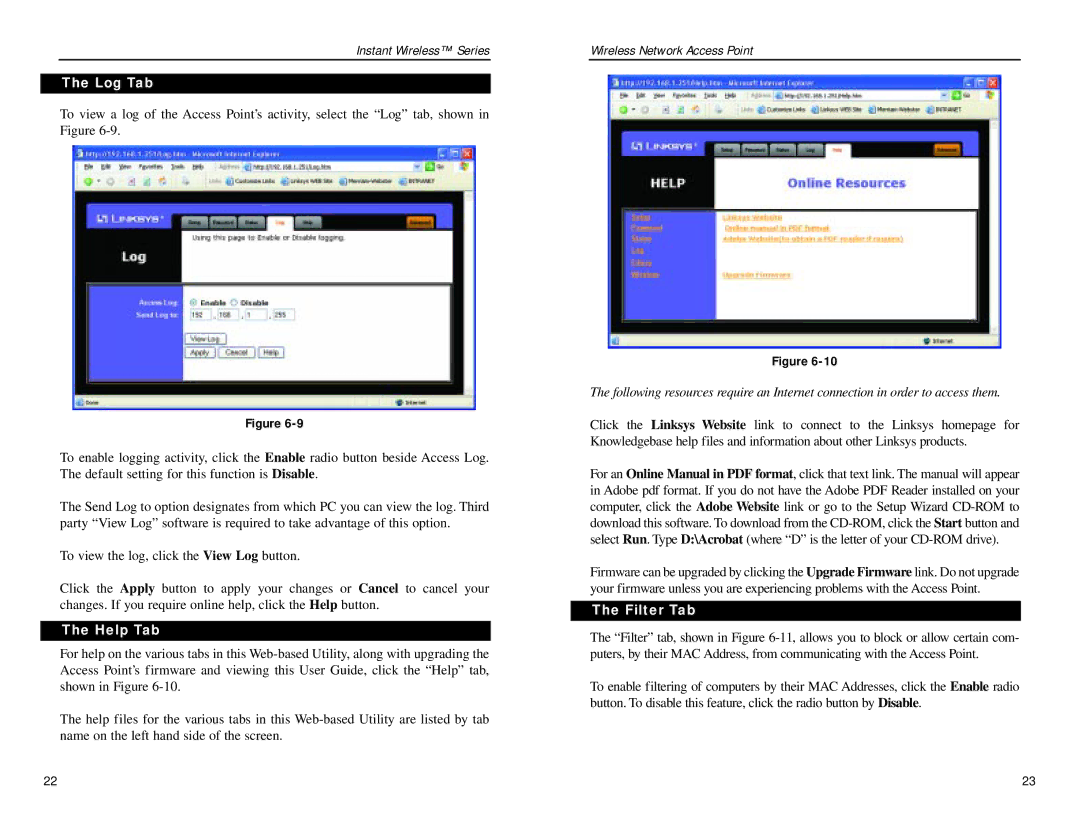 Linksys WAP11 v2.2 manual Log Tab, Help Tab, Filter Tab 