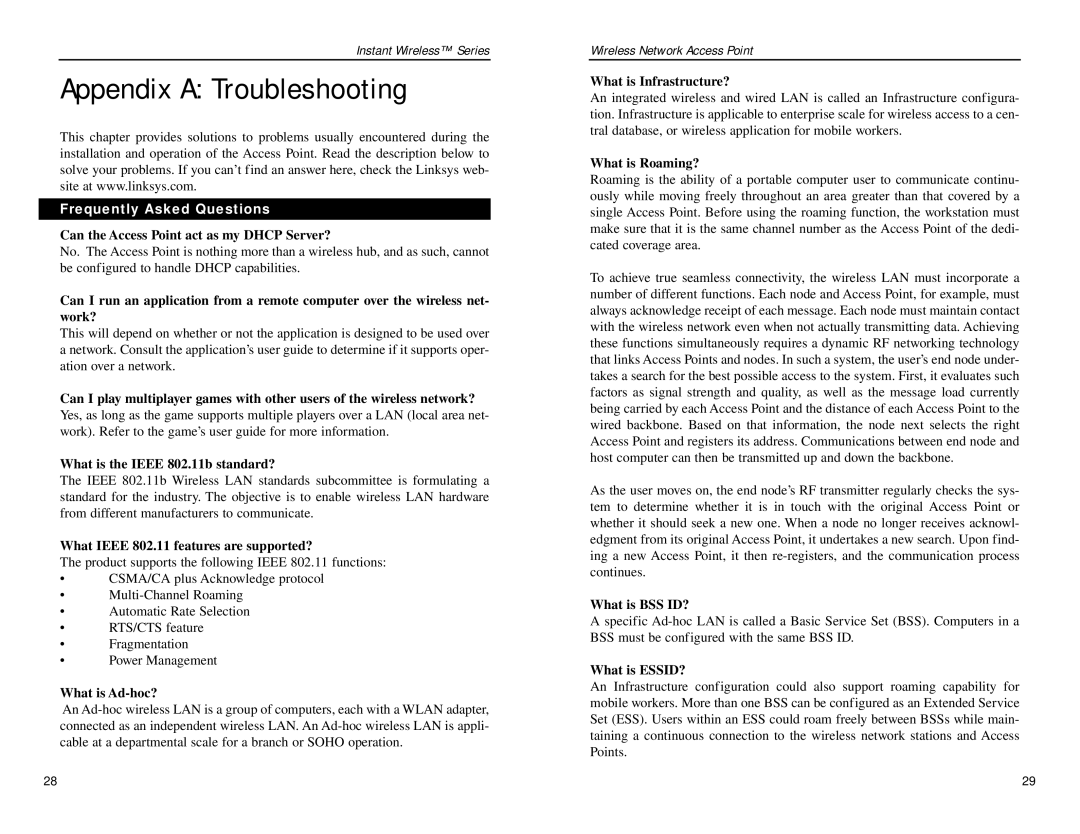 Linksys WAP11 v2.2 manual Appendix a Troubleshooting, Frequently Asked Questions 