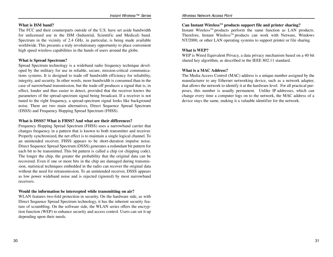 Linksys WAP11 v2.2 manual What is ISM band?, What is Spread Spectrum?, What is WEP?, What is a MAC Address? 