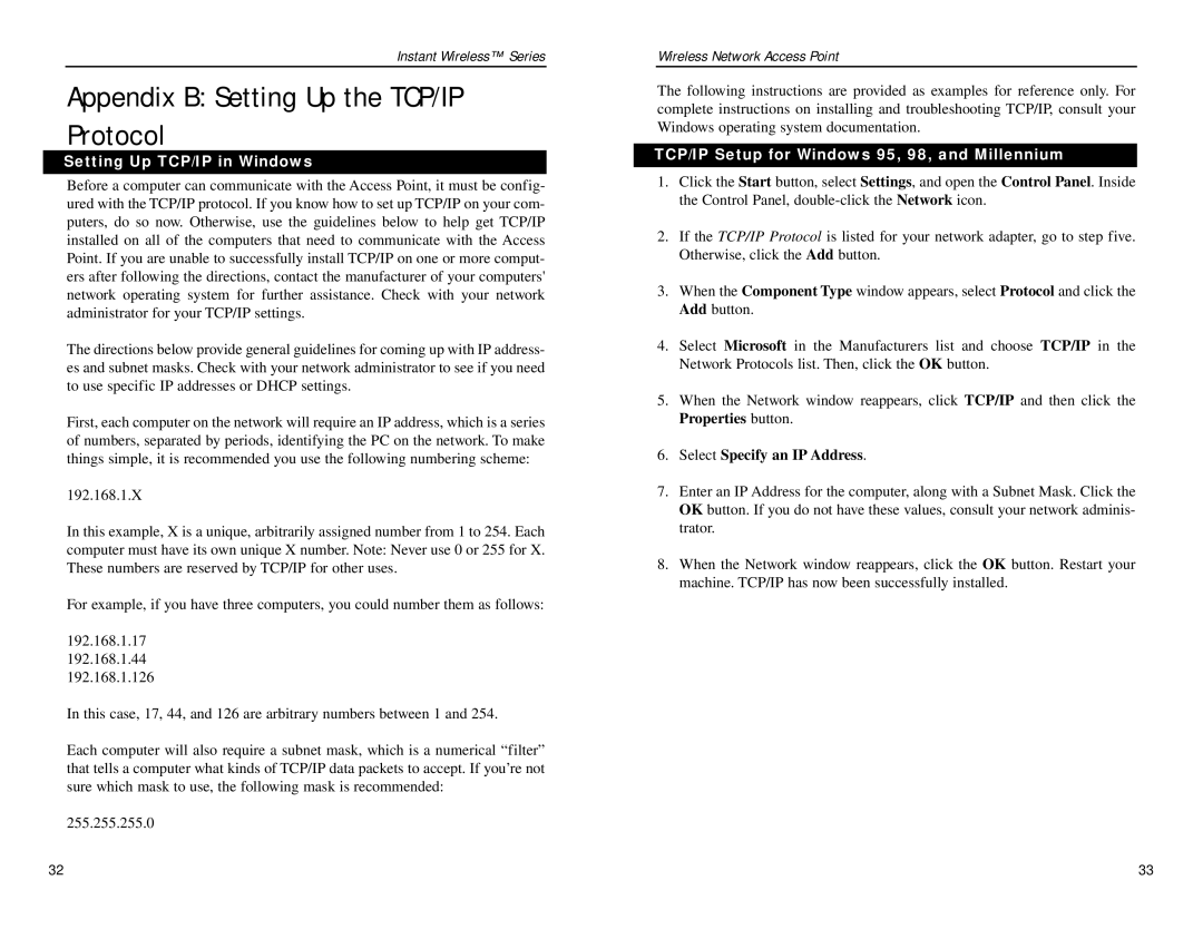 Linksys WAP11 v2.2 manual Setting Up TCP/IP in Windows, TCP/IP Setup for Windows 95, 98, and Millennium 