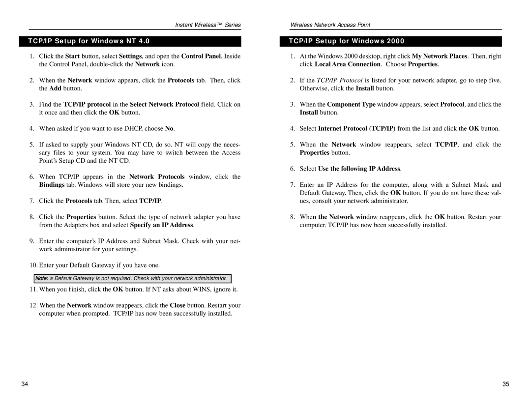 Linksys WAP11 v2.2 manual TCP/IP Setup for Windows NT, Select Use the following IP Address 