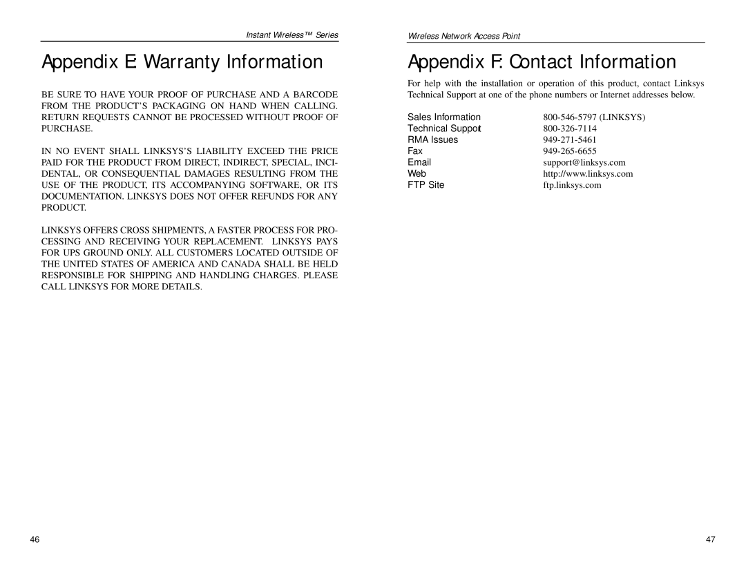 Linksys WAP11 v2.2 manual Appendix E Warranty Information, Appendix F Contact Information, Sales Information, Web FTP Site 