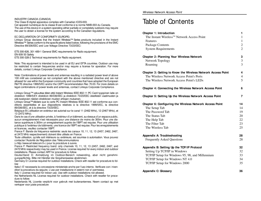 Linksys WAP11 v2.2 manual Table of Contents 