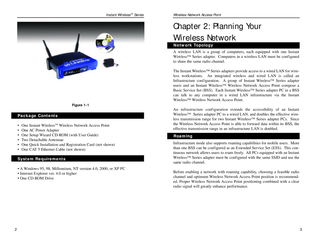 Linksys WAP11 v2.2 manual Planning Your Wireless Network, Package Contents, System Requirements, Network Topology, Roaming 