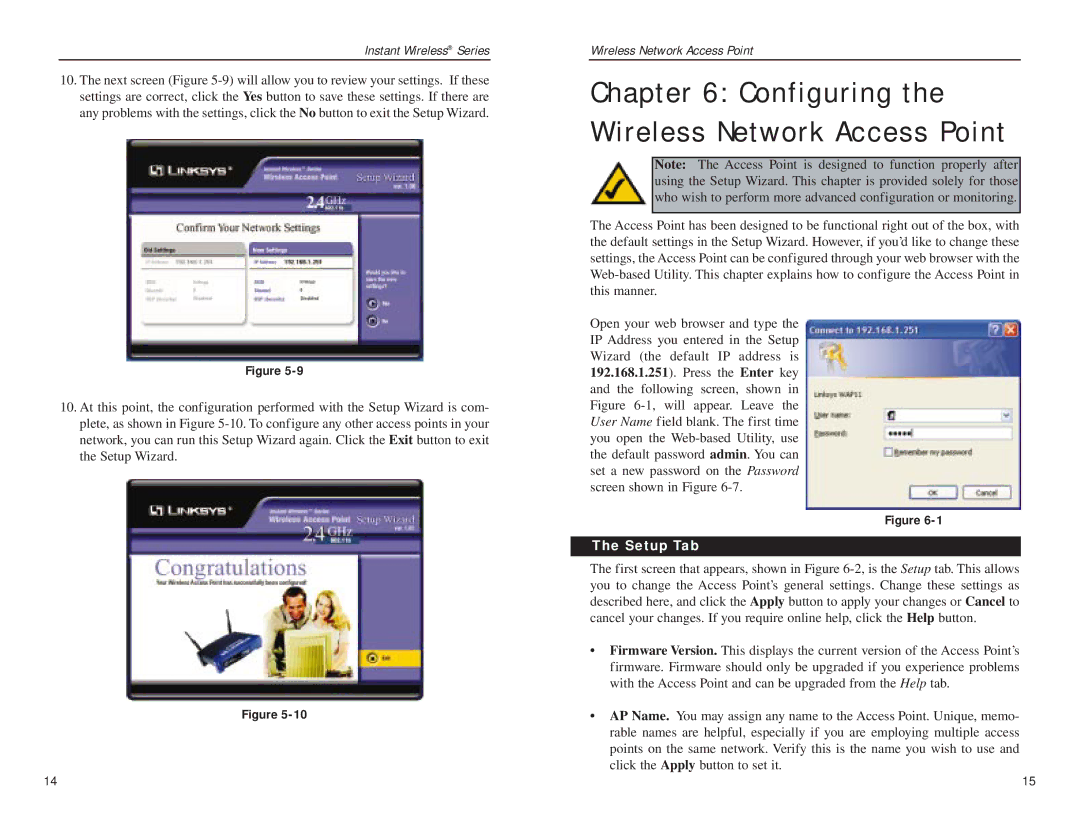 Linksys WAP11 v.2.6 manual Configuring the Wireless Network Access Point, Setup Tab 