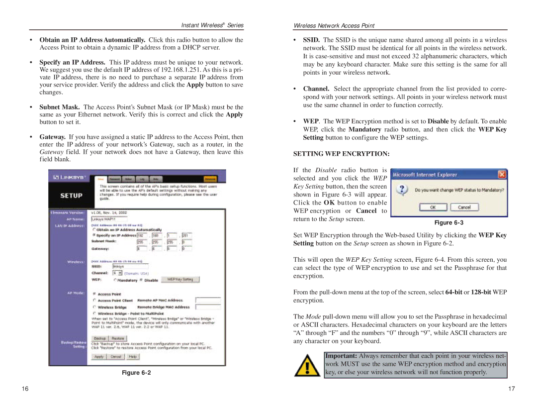 Linksys WAP11 v.2.6 manual Setting WEP Encryption 