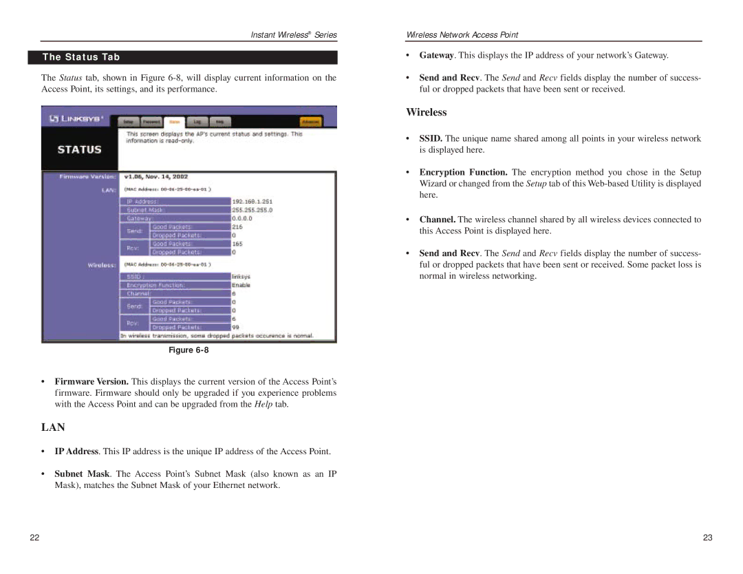 Linksys WAP11 v.2.6 manual Lan, Status Tab 