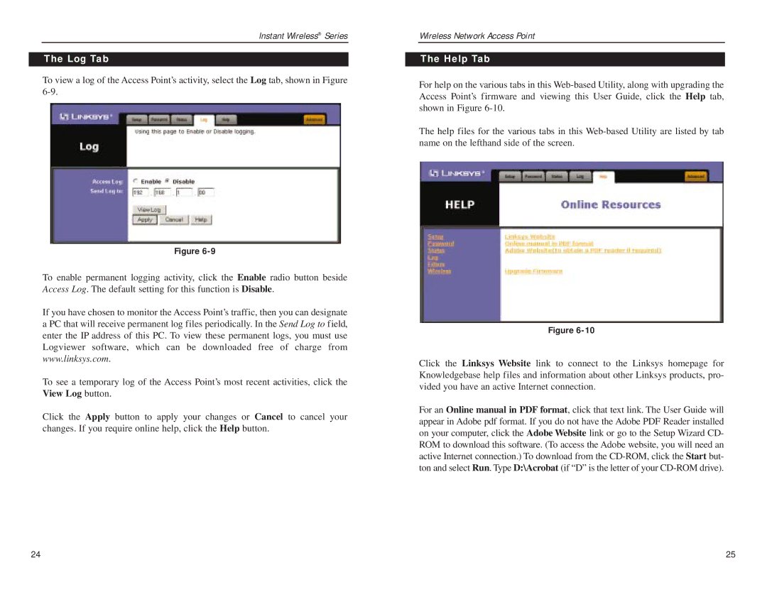Linksys WAP11 v.2.6 manual Log Tab, Help Tab 