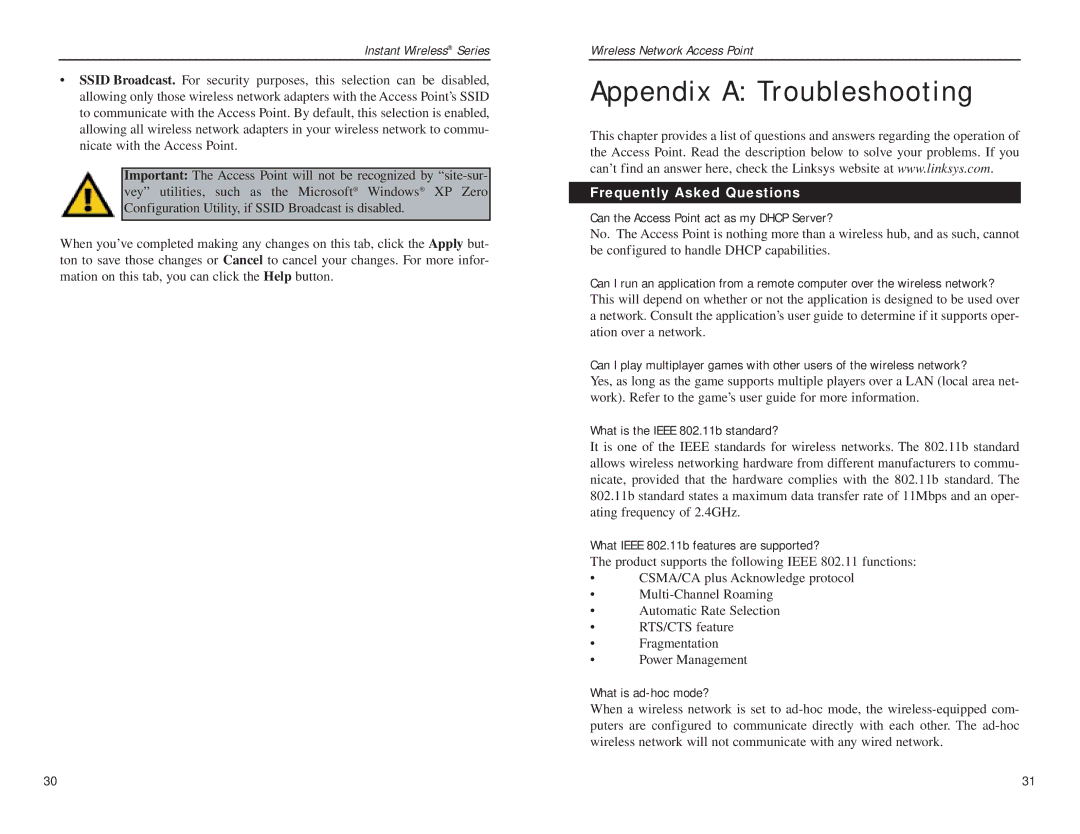 Linksys WAP11 v.2.6 manual Appendix a Troubleshooting, Frequently Asked Questions 