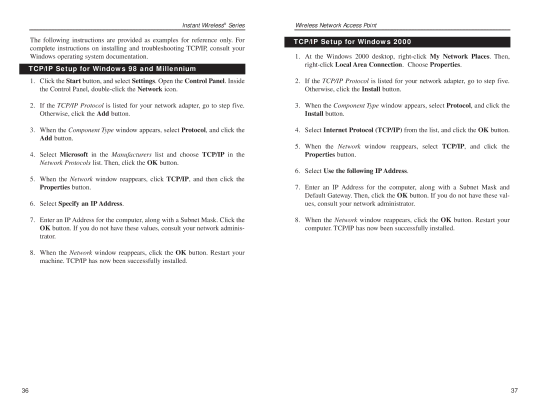 Linksys WAP11 v.2.6 manual TCP/IP Setup for Windows 98 and Millennium 