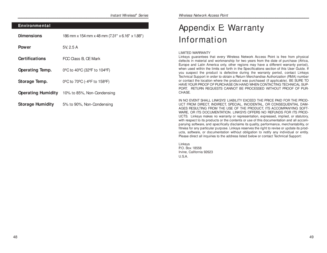 Linksys WAP11 v.2.6 manual Appendix E Warranty Information, Environmental 