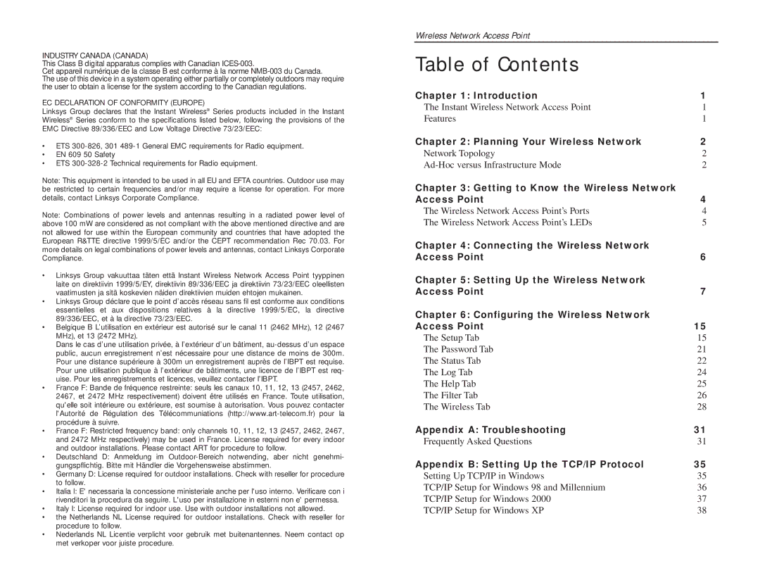 Linksys WAP11 v.2.6 manual Table of Contents 