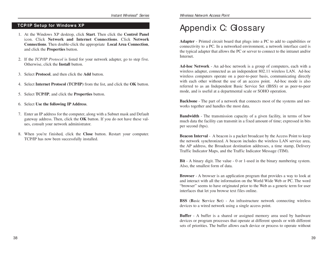 Linksys WAP11 v.2.6 manual Appendix C Glossary, Instant Wireless Series, TCP/IP Setup for Windows XP 