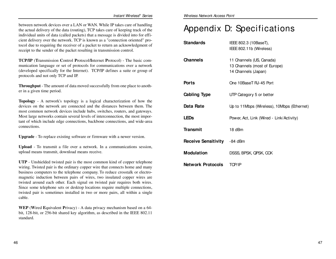 Linksys WAP11 v.2.6 manual Appendix D Specifications 