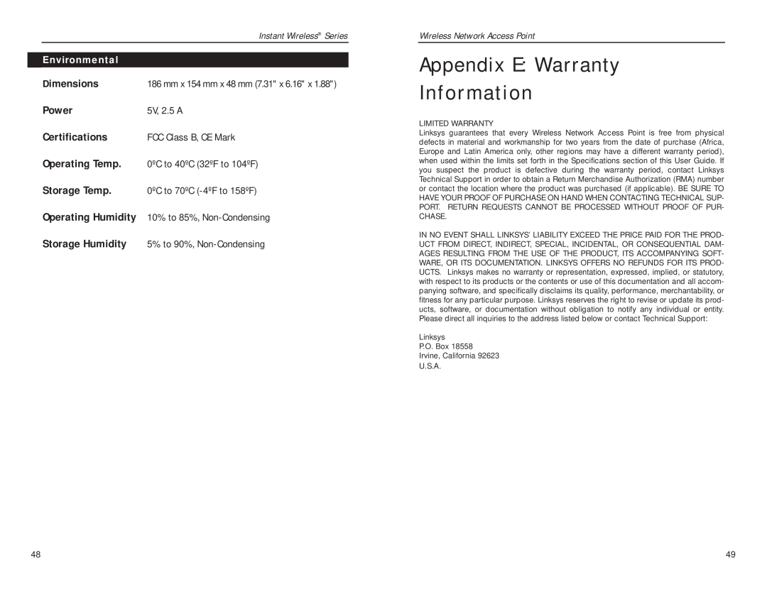 Linksys WAP11 v.2.6 Appendix E Warranty Information, Environmental, Wireless Network Access Point, Instant Wireless Series 