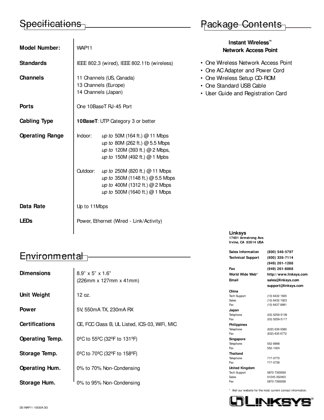 Linksys WAP11 warranty Specifications Package Contents, Environmental 