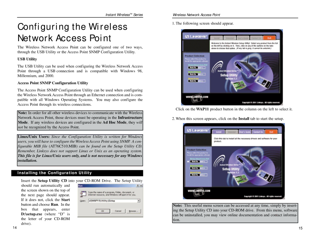 Linksys WAP11 manual Configuring the Wireless Network Access Point, USB Utility, Access Point Snmp Configuration Utility 