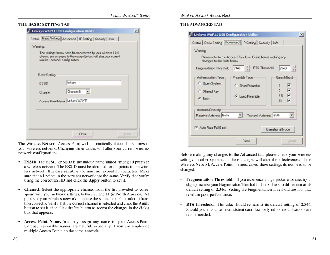 Linksys WAP11 manual Basic Setting TAB Advanced TAB 