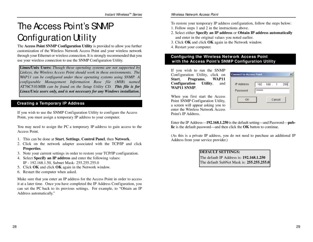 Linksys manual Access Point’s Snmp Configuration Utility, Creating a Temporary IP Address, WAP11 Snmp, Default Settings 