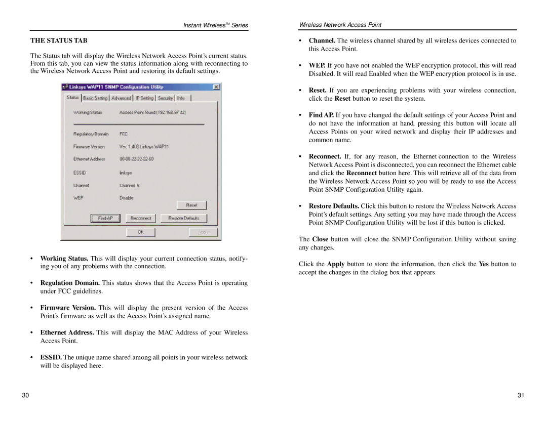 Linksys WAP11 manual Status TAB 