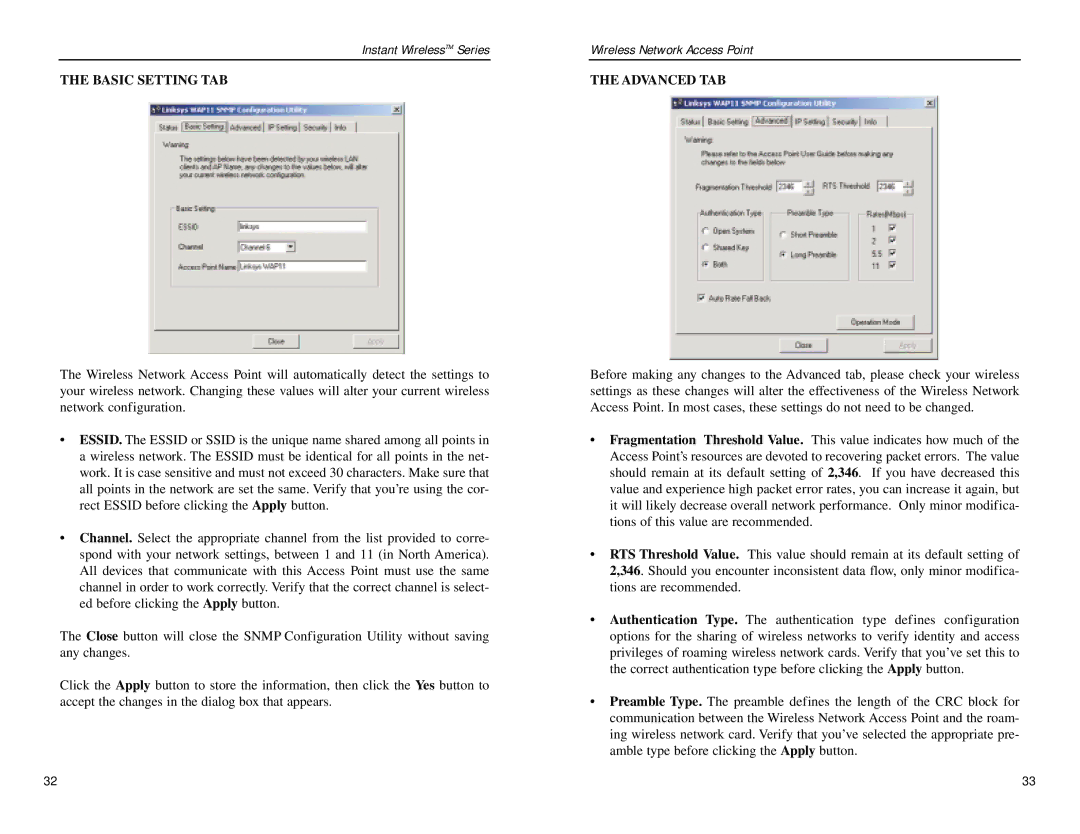 Linksys WAP11 manual Basic Setting TAB, Advanced TAB 