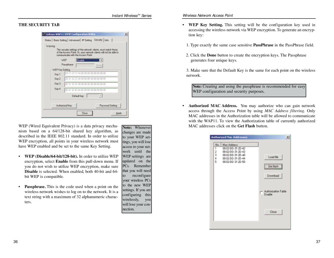 Linksys WAP11 manual Security TAB 