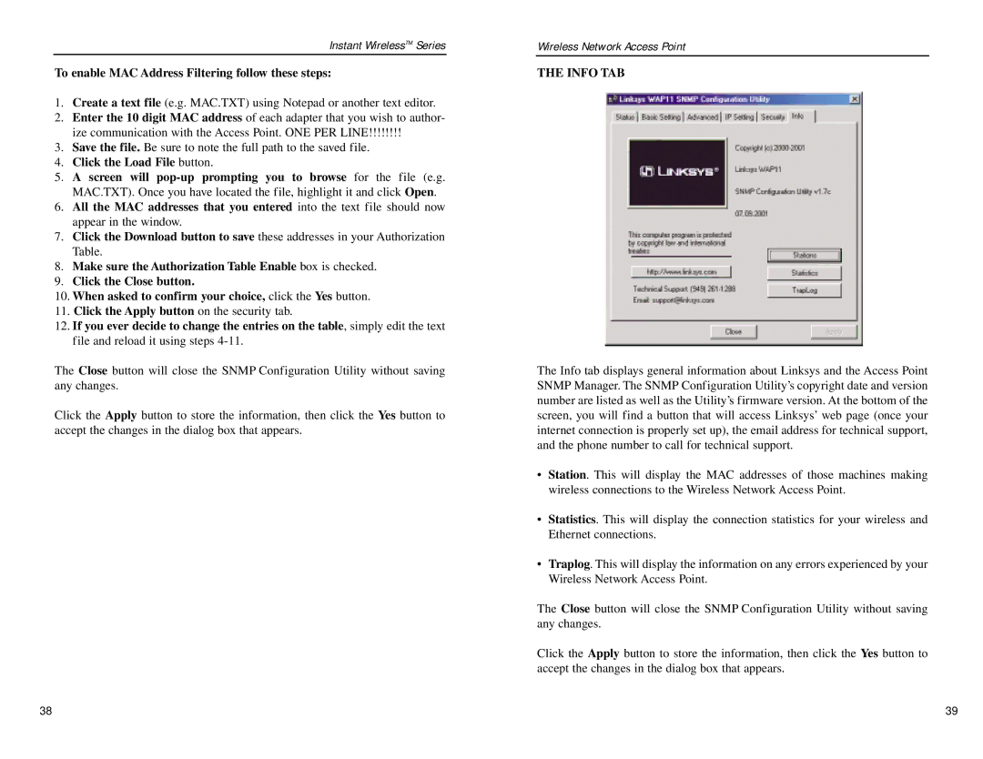 Linksys WAP11 manual To enable MAC Address Filtering follow these steps, Info TAB 