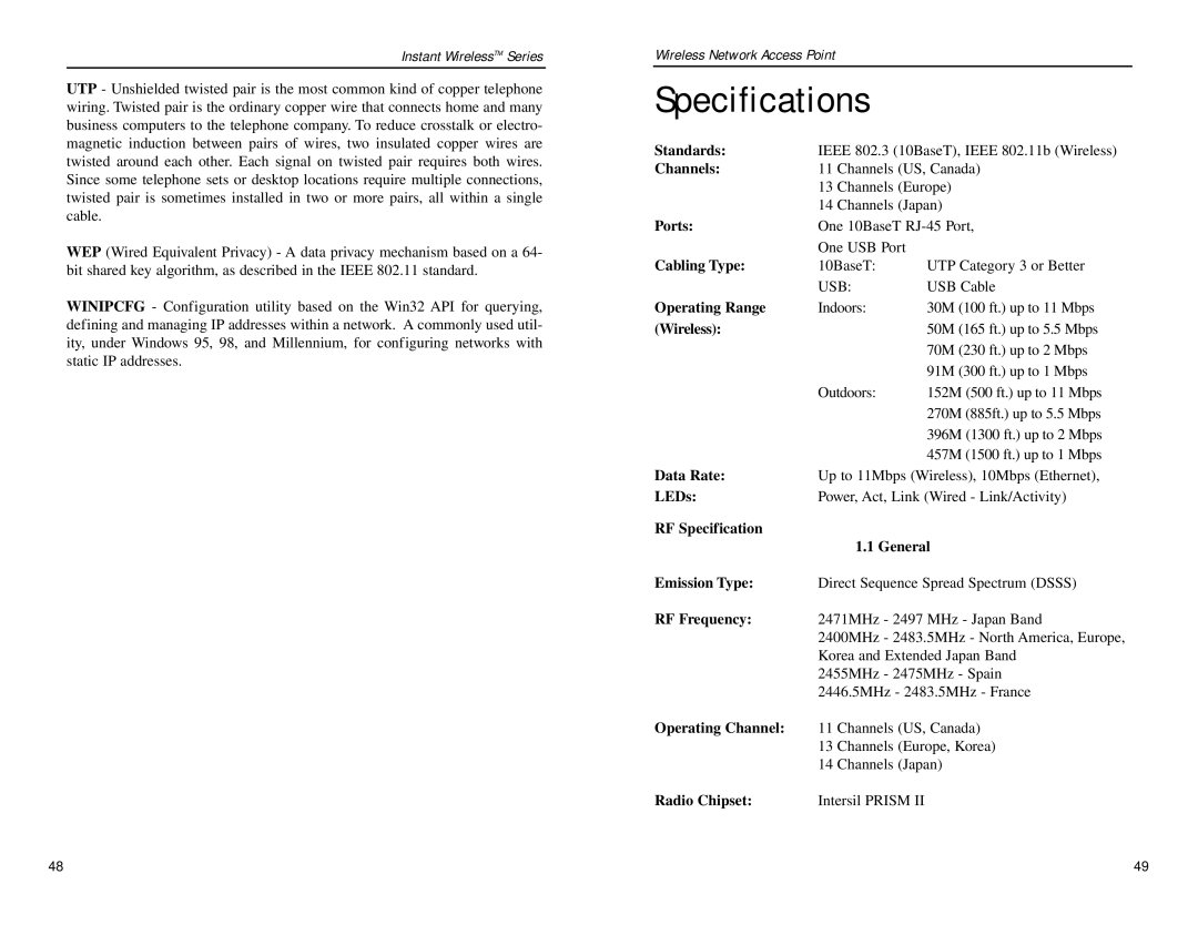 Linksys WAP11 manual Specifications 