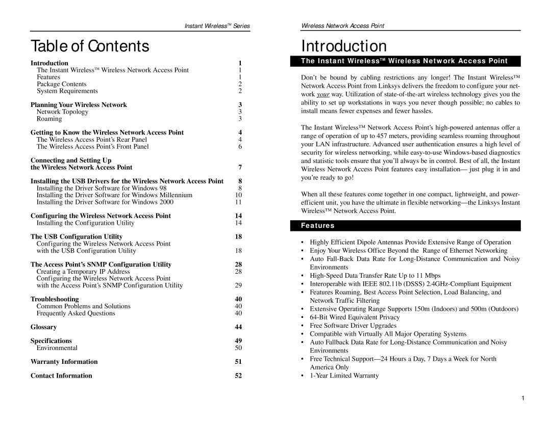 Linksys WAP11 manual Table of Contents, Introduction 