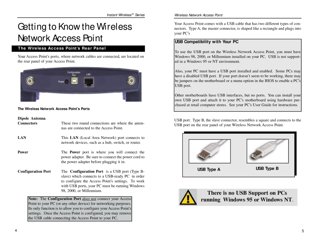 Linksys WAP11 Getting to Know the Wireless Network Access Point, Dipole Antenna Connectors, Lan, Power, Configuration Port 