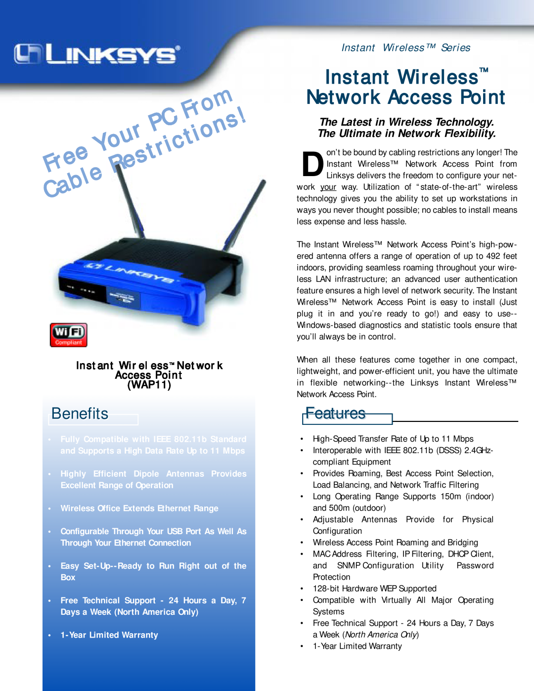 Linksys WAP11 warranty Instant Wireless Network Access Point, Benefits, Features 