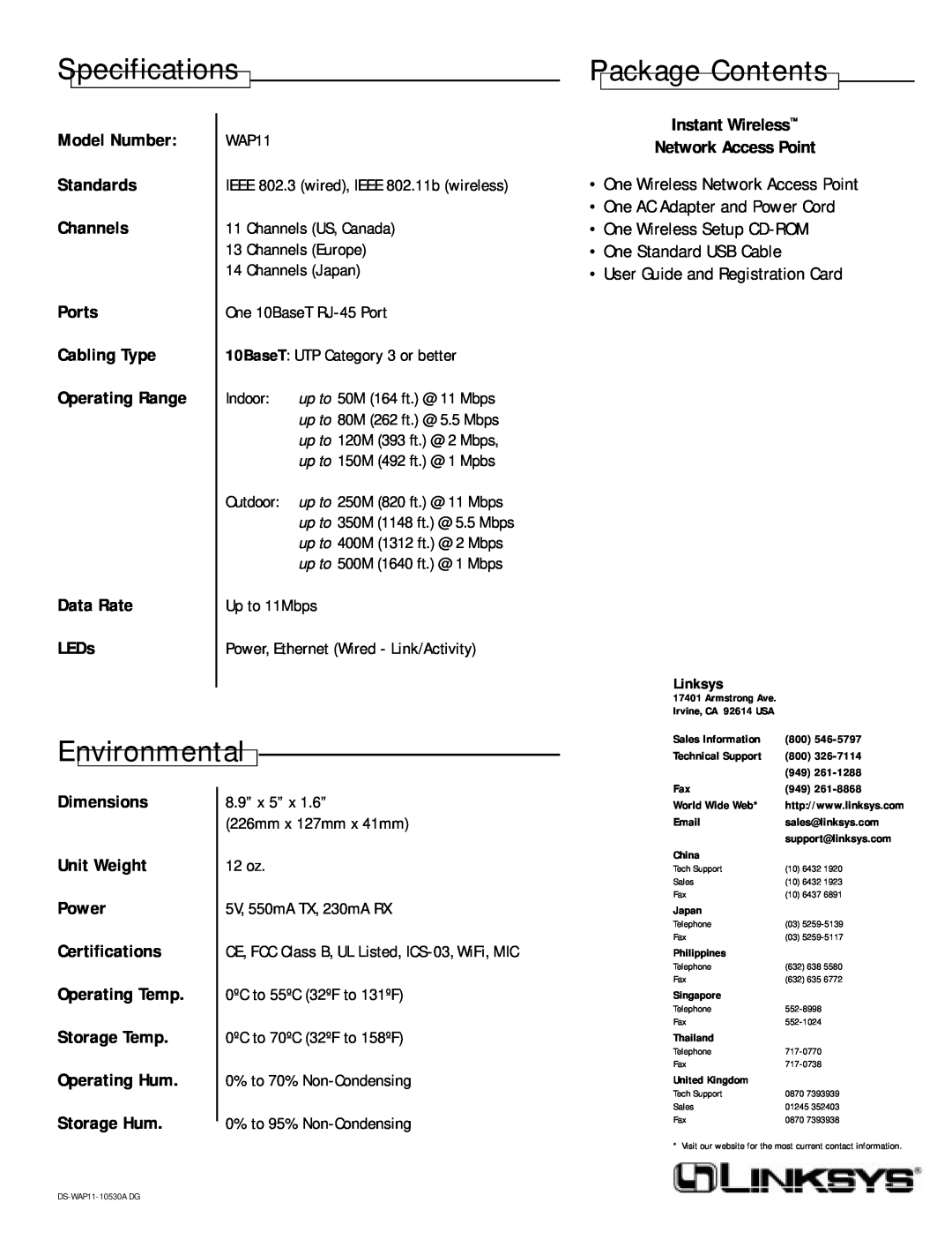 Linksys WAP11 warranty Specifications, Package Contents, Environmental 