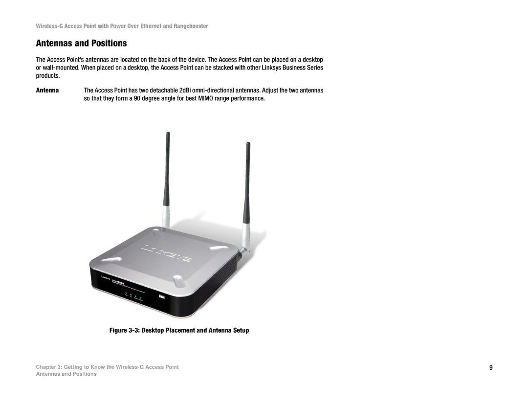 Linksys WAP200RF manual Antennas and Positions, Desktop Placement and Antenna Setup 