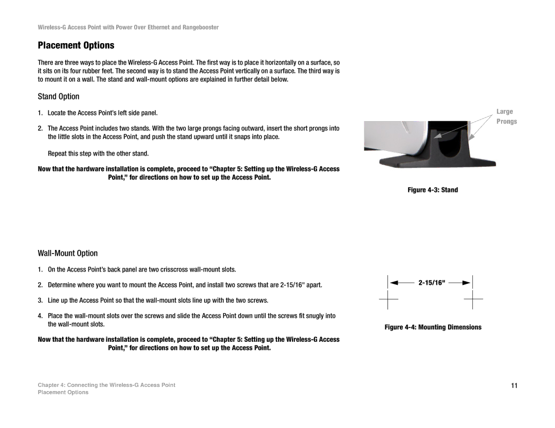 Linksys WAP200RF manual Placement Options, Stand Option, Wall-Mount Option 