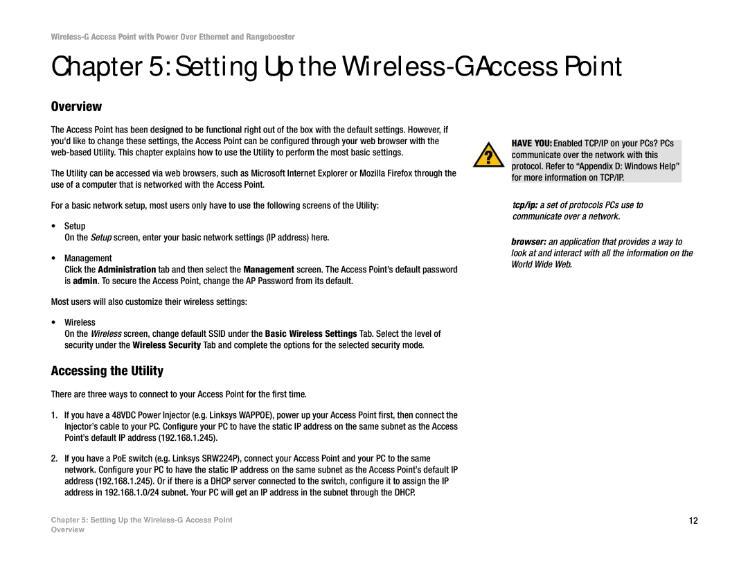 Linksys WAP200RF manual Setting Up the Wireless-G Access Point, Accessing the Utility 