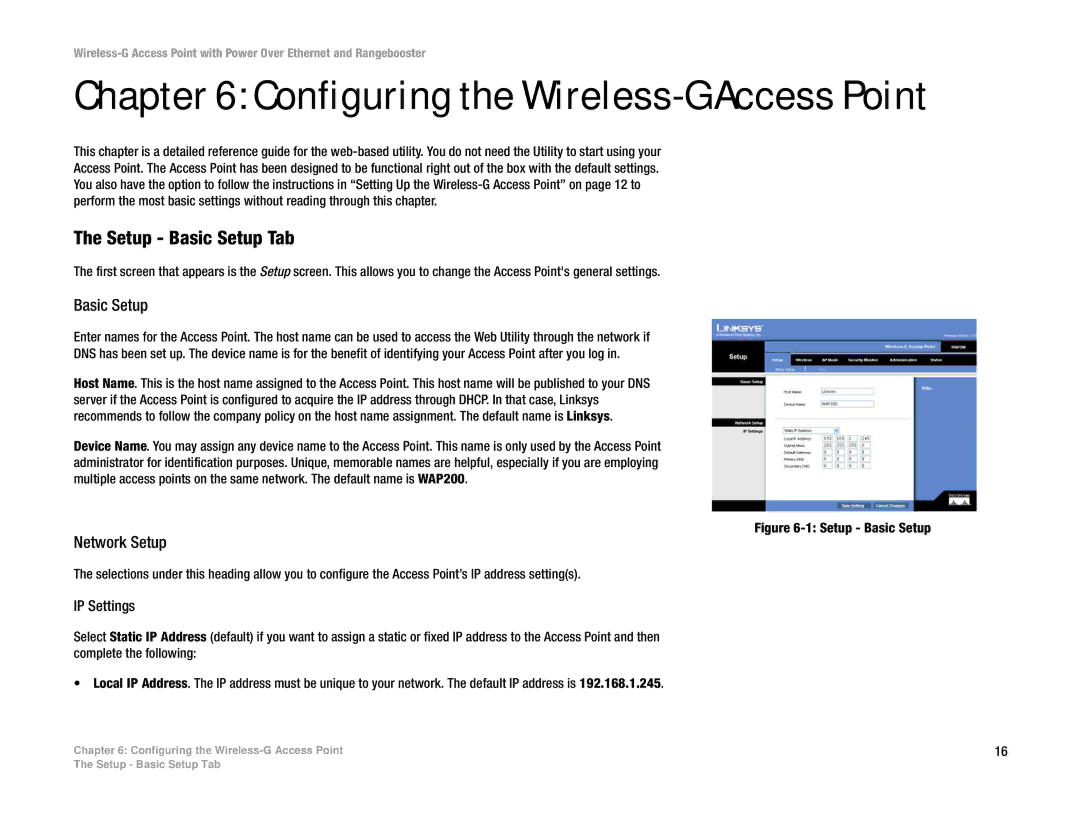 Linksys WAP200RF manual Configuring the Wireless-G Access Point, Setup Basic Setup Tab, Network Setup, IP Settings 