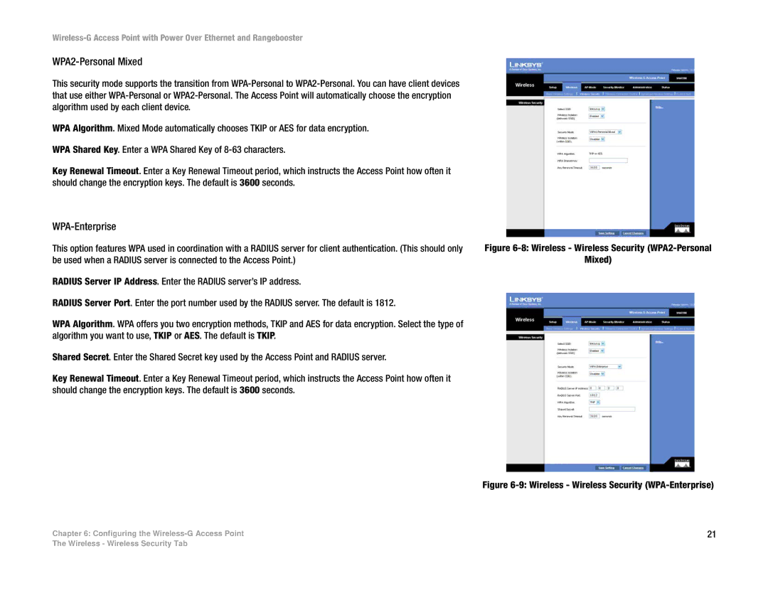 Linksys WAP200RF manual WPA2-Personal Mixed, WPA-Enterprise 