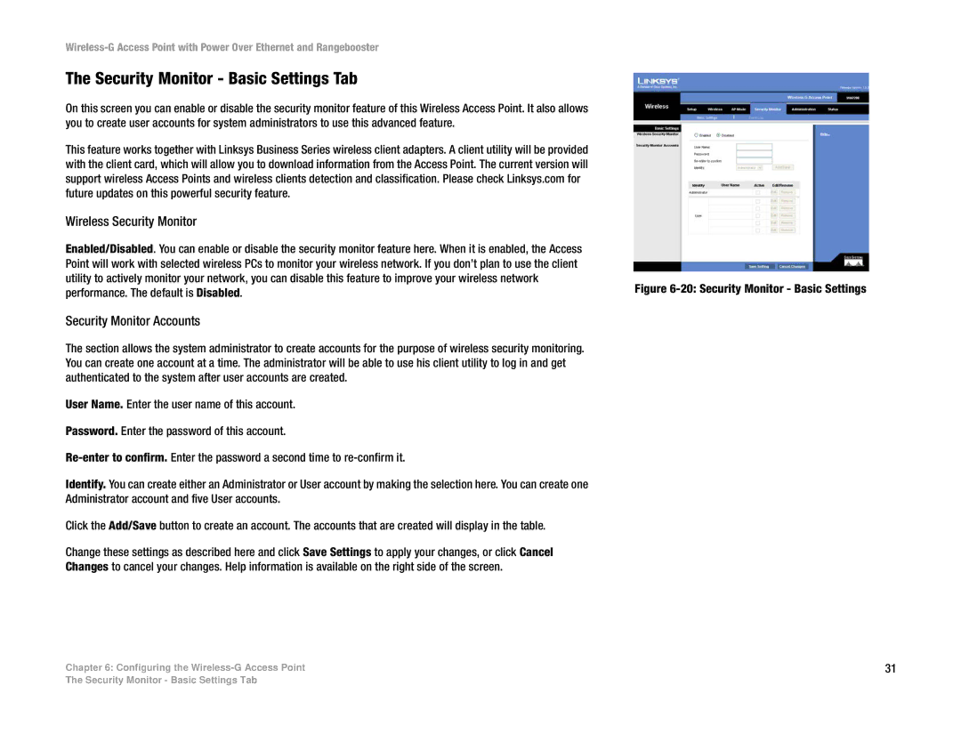 Linksys WAP200RF manual Security Monitor Basic Settings Tab, Wireless Security Monitor, Security Monitor Accounts 