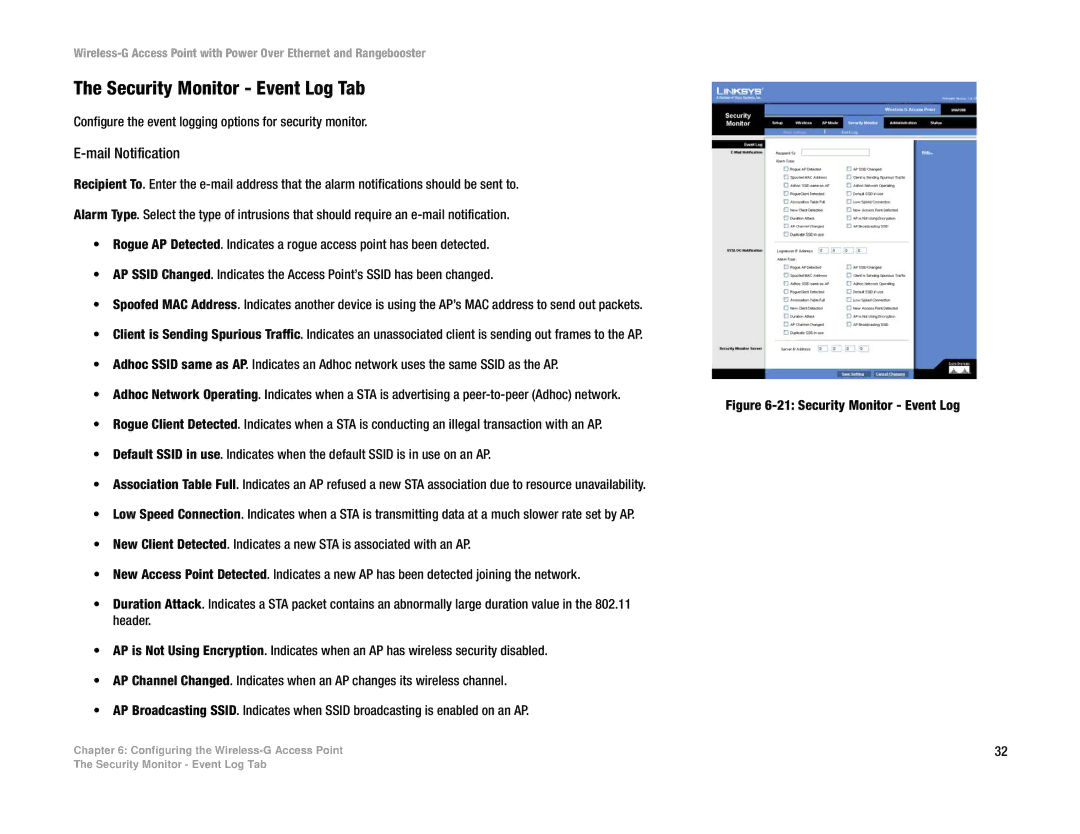 Linksys WAP200RF manual Security Monitor Event Log Tab, Mail Notification 