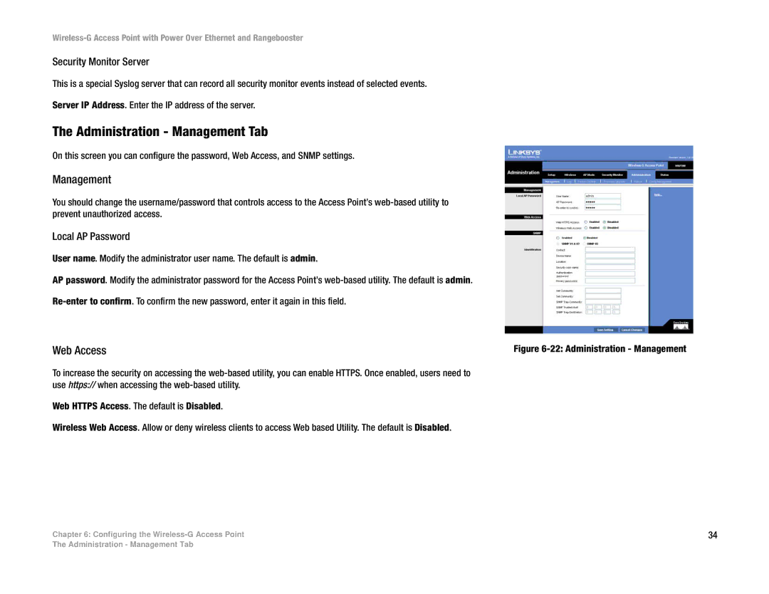 Linksys WAP200RF manual Administration Management Tab, Web Access, Security Monitor Server, Local AP Password 