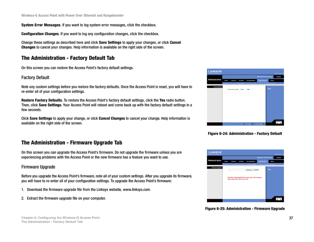 Linksys WAP200RF manual Administration Factory Default Tab, Administration Firmware Upgrade Tab 