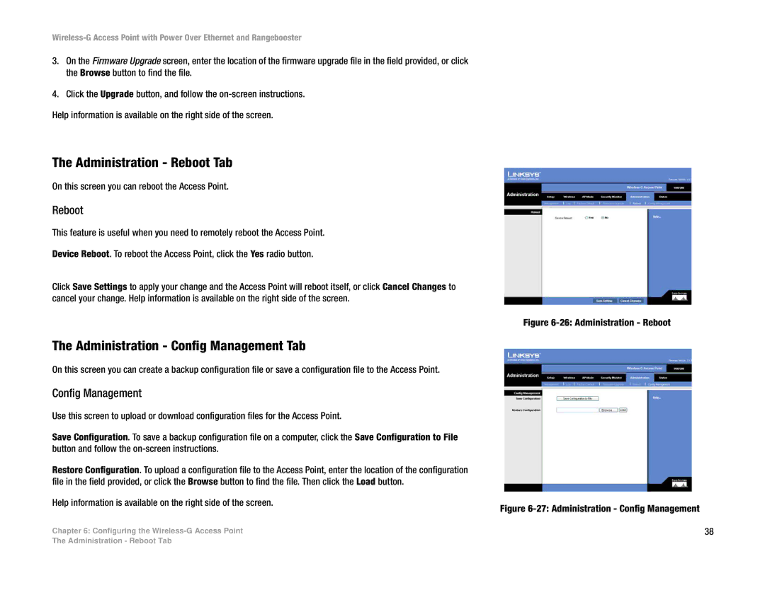 Linksys WAP200RF manual Administration Reboot Tab, Administration Config Management Tab 