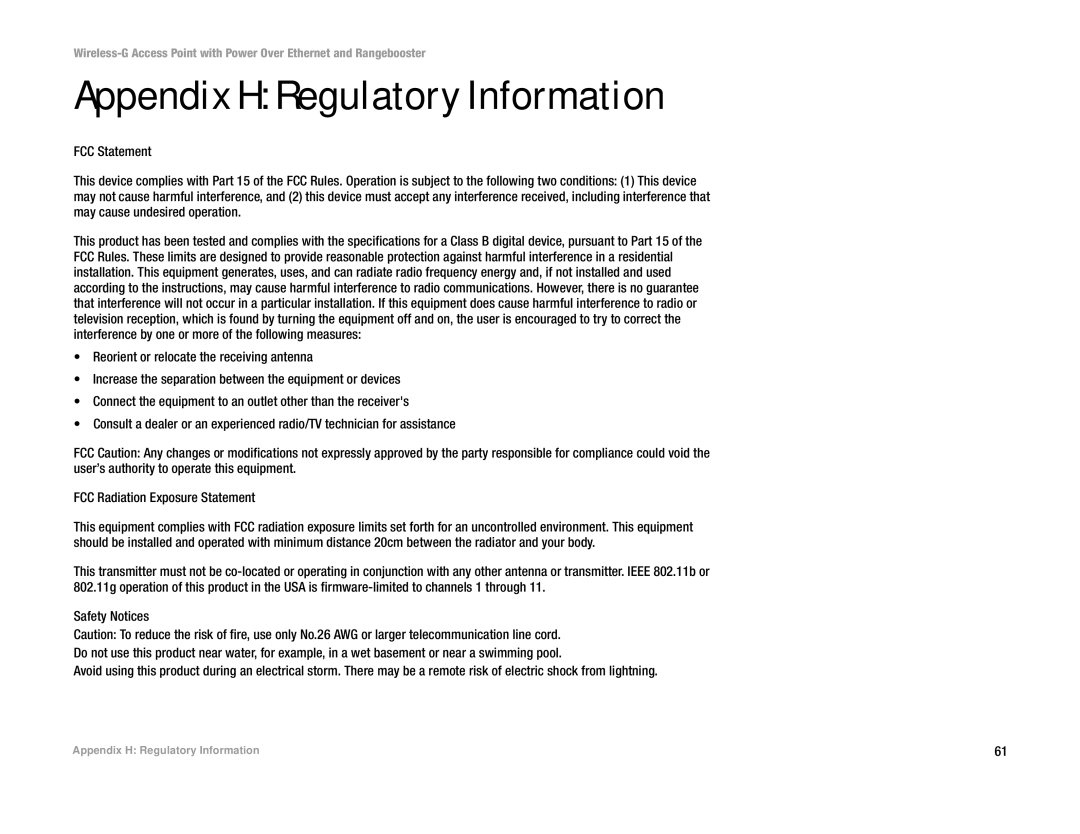 Linksys WAP200RF manual Appendix H Regulatory Information 